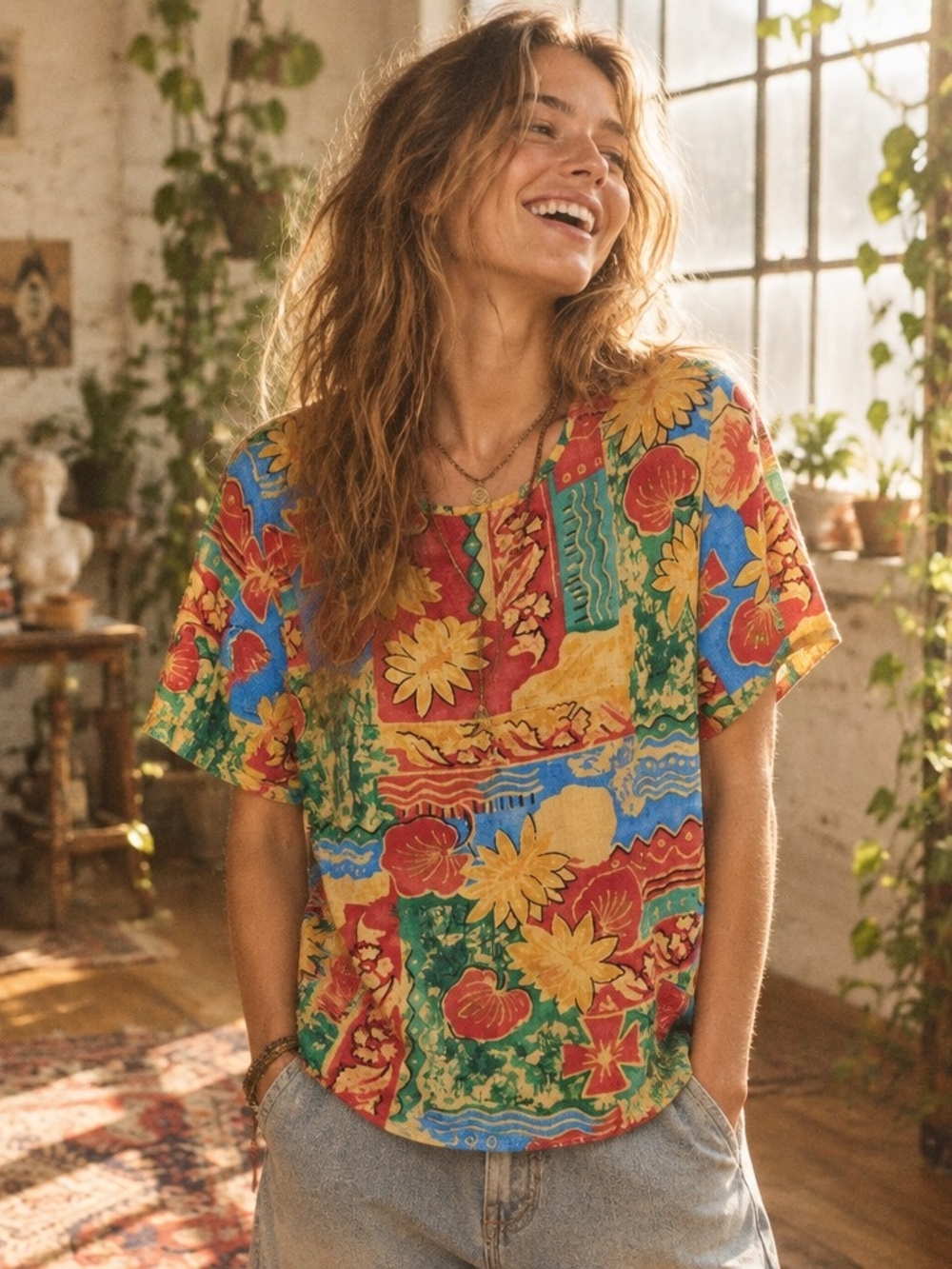 SAG HARBOR Floral Short Sleeve Top Multicolor